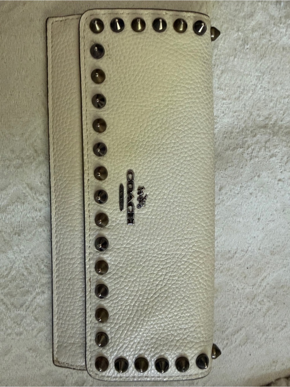 Coach Pebbled Leather Studded Wallet Clutch in Cream